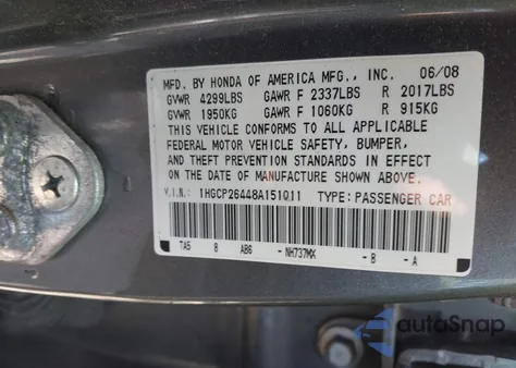 2008 Honda Accord 2.4 Lx-P из США, поврежденный, VIN 1HGCP26448A151011